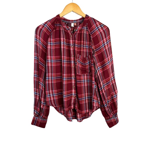 Pilcro Anthropologie Women Breezy Plaid Button Down Shirt XS Maroon Long Sleeve - Picture 4 of 10